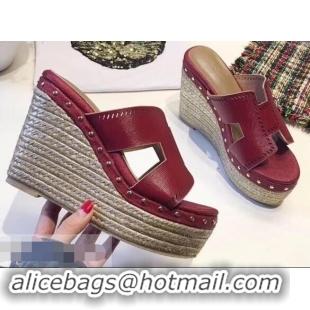 Discount Hermes Epsom Leather Platform 4cm Wedge Heel 11cm Studded Espadrille Sandals H93211 Dark Red