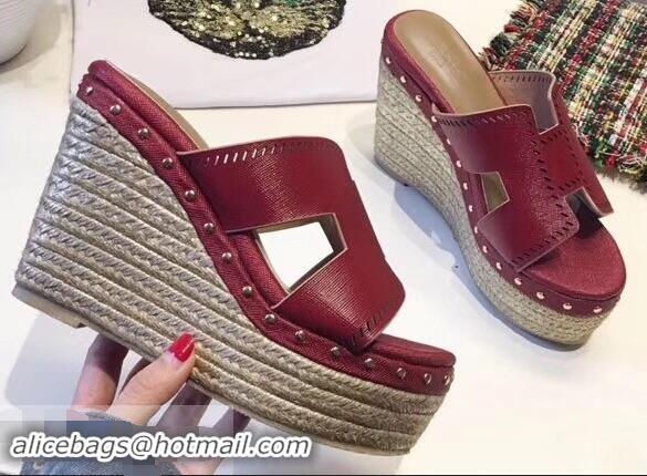 Discount Hermes Epsom Leather Platform 4cm Wedge Heel 11cm Studded Espadrille Sandals H93211 Dark Red