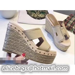 Hot Sell Hermes Epsom Leather Platform 4cm Wedge Heel 11cm Studded Espadrille Sandals H93211 Beige