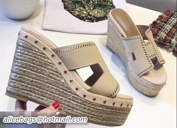 Hot Sell Hermes Epsom Leather Platform 4cm Wedge Heel 11cm Studded Espadrille Sandals H93211 Beige