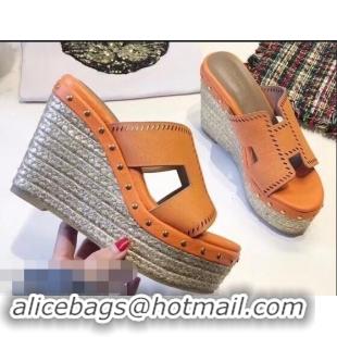 Low Cost Hermes Epsom Leather Platform 4cm Wedge Heel 11cm Studded Espadrille Sandals H93211 Orange