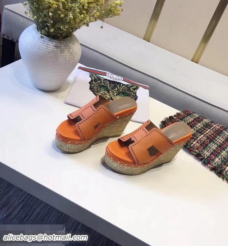 Low Cost Hermes Epsom Leather Platform 4cm Wedge Heel 11cm Studded Espadrille Sandals H93211 Orange