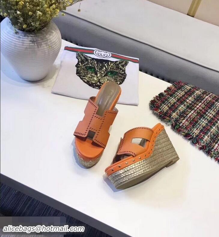 Low Cost Hermes Epsom Leather Platform 4cm Wedge Heel 11cm Studded Espadrille Sandals H93211 Orange