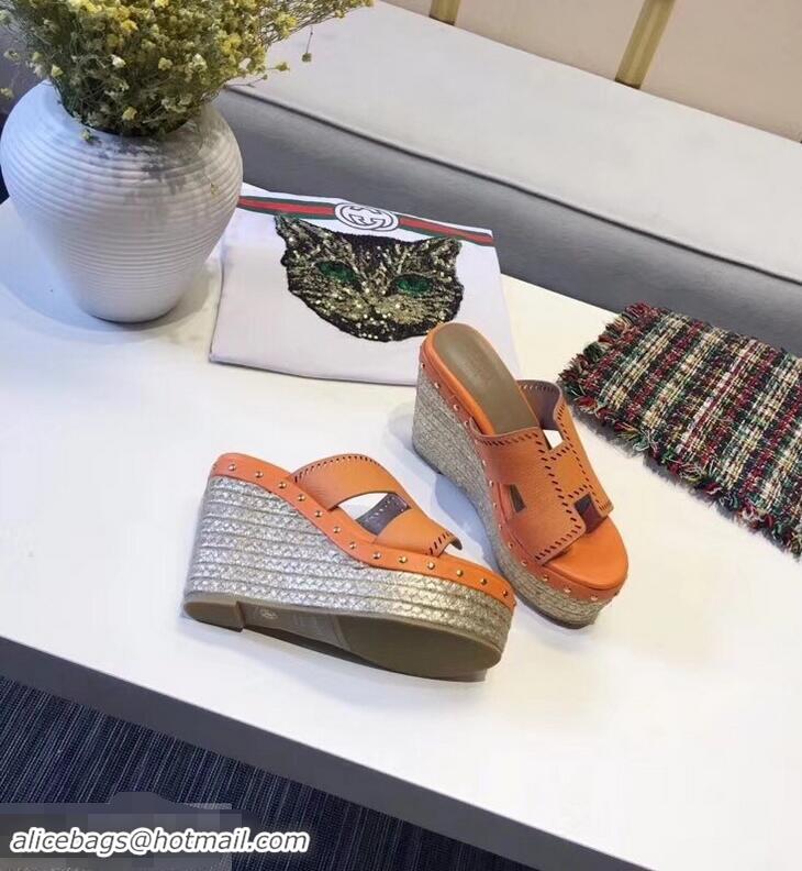 Low Cost Hermes Epsom Leather Platform 4cm Wedge Heel 11cm Studded Espadrille Sandals H93211 Orange