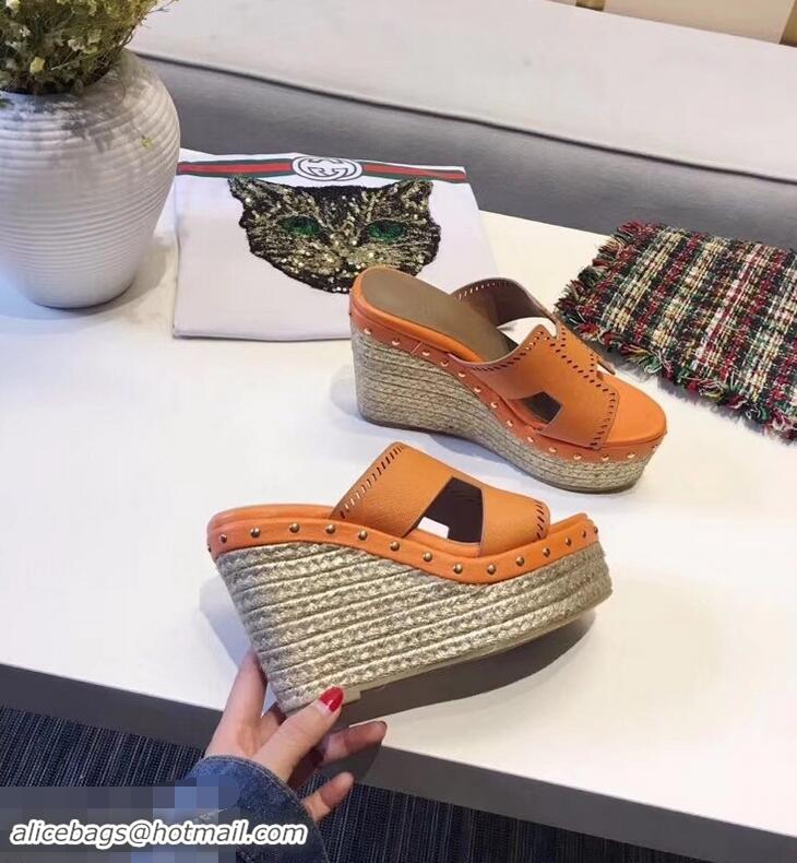 Low Cost Hermes Epsom Leather Platform 4cm Wedge Heel 11cm Studded Espadrille Sandals H93211 Orange