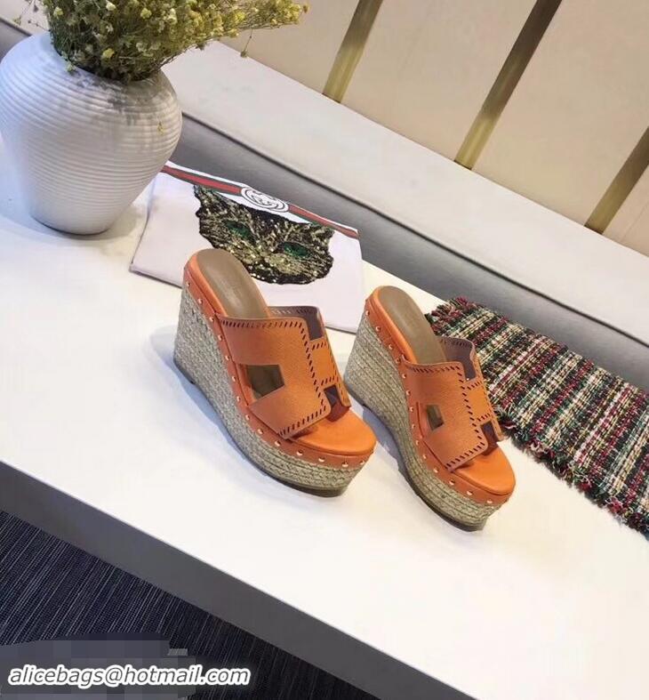 Low Cost Hermes Epsom Leather Platform 4cm Wedge Heel 11cm Studded Espadrille Sandals H93211 Orange