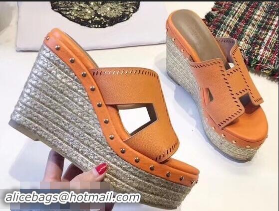 Low Cost Hermes Epsom Leather Platform 4cm Wedge Heel 11cm Studded Espadrille Sandals H93211 Orange