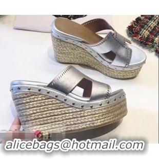 Buy Cheap Hermes Epsom Leather Platform 4cm Wedge Heel 11cm Studded Espadrille Sandals H93211 Silver