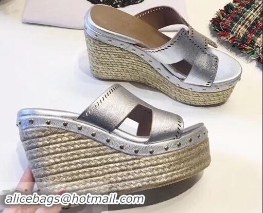 Buy Cheap Hermes Epsom Leather Platform 4cm Wedge Heel 11cm Studded Espadrille Sandals H93211 Silver