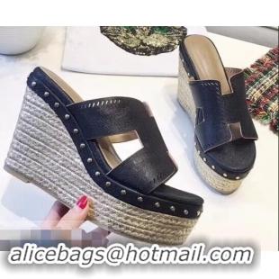 Free Shipping Hermes Epsom Leather Platform 4cm Wedge Heel 11cm Studded Espadrille Sandals H93211 Black