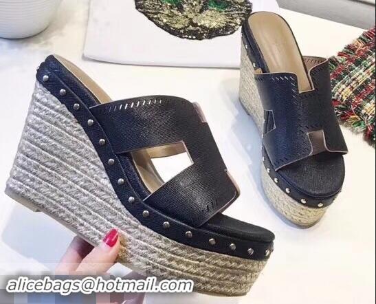 Free Shipping Hermes Epsom Leather Platform 4cm Wedge Heel 11cm Studded Espadrille Sandals H93211 Black