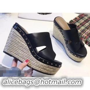 Promotional Hermes Calfskin Platform 4cm Wedge Heel 11cm Studded Espadrille Sandals H93219 Black