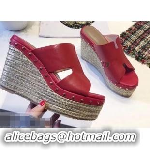 Hot Sell Hermes Calfskin Platform 4cm Wedge Heel 11cm Studded Espadrille Sandals H93219 Red