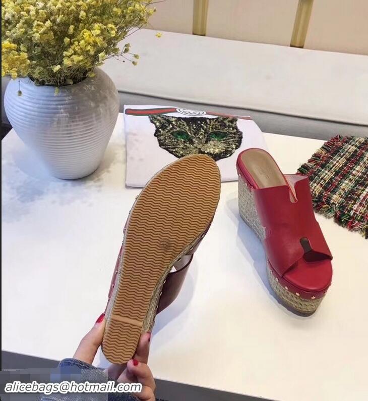 Hot Sell Hermes Calfskin Platform 4cm Wedge Heel 11cm Studded Espadrille Sandals H93219 Red