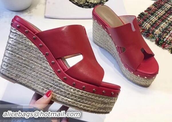 Hot Sell Hermes Calfskin Platform 4cm Wedge Heel 11cm Studded Espadrille Sandals H93219 Red