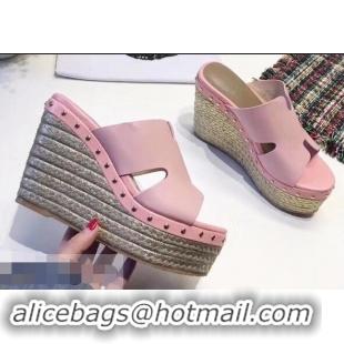 Cheapest Hermes Calfskin Platform 4cm Wedge Heel 11cm Studded Espadrille Sandals H93219 Pink