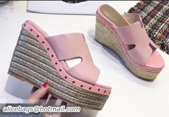 Cheapest Hermes Calfskin Platform 4cm Wedge Heel 11cm Studded Espadrille Sandals H93219 Pink