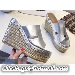 Elegant Hermes Calfskin Platform 4cm Wedge Heel 11cm Studded Espadrille Sandals H93219 Silver