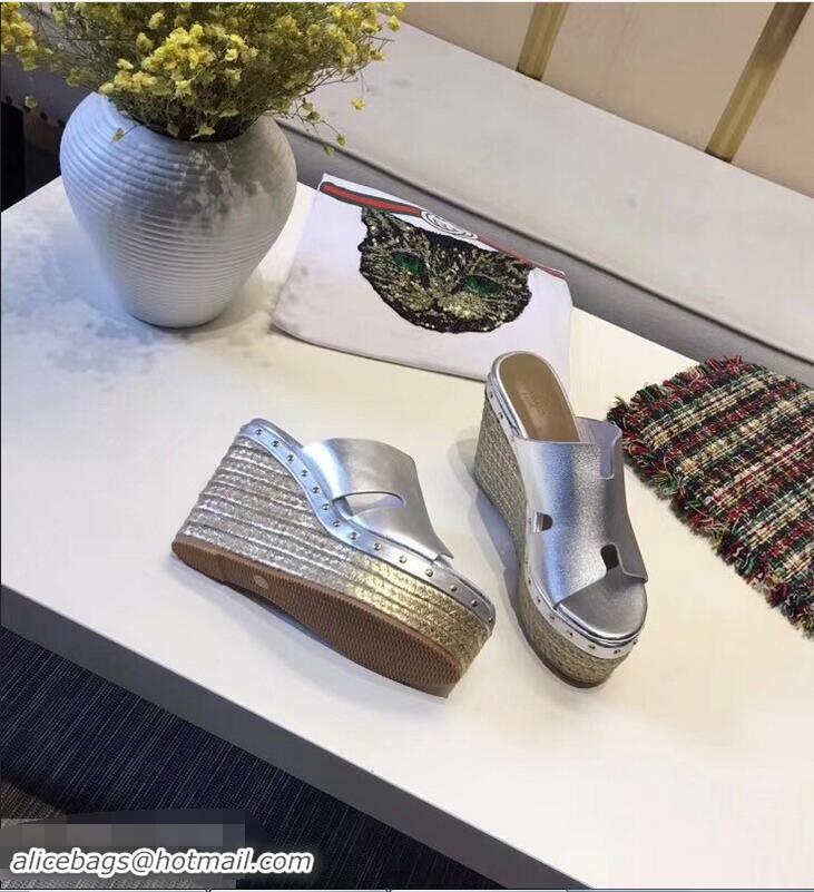 Elegant Hermes Calfskin Platform 4cm Wedge Heel 11cm Studded Espadrille Sandals H93219 Silver