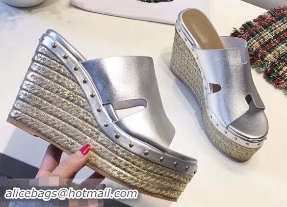 Elegant Hermes Calfskin Platform 4cm Wedge Heel 11cm Studded Espadrille Sandals H93219 Silver