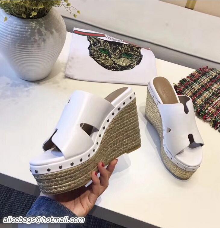 Shop Hermes Calfskin Platform 4cm Wedge Heel 11cm Studded Espadrille Sandals H93219 White