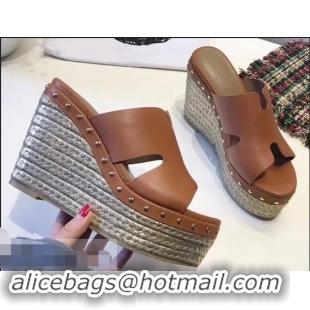 Top Quality Hermes Calfskin Platform 4cm Wedge Heel 11cm Studded Espadrille Sandals H93219 Brown