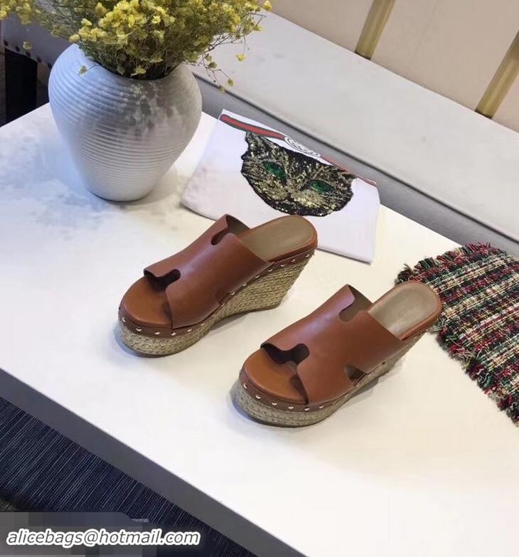 Top Quality Hermes Calfskin Platform 4cm Wedge Heel 11cm Studded Espadrille Sandals H93219 Brown