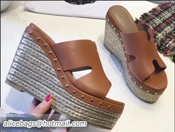 Top Quality Hermes Calfskin Platform 4cm Wedge Heel 11cm Studded Espadrille Sandals H93219 Brown