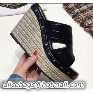 Cute Hermes Croco Pattern Platform 4cm Wedge Heel 11cm Studded Espadrille Sandals H93226 Black