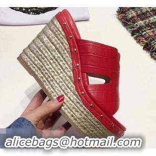 Low Price Hermes Croco Pattern Platform 4cm Wedge Heel 11cm Studded Espadrille Sandals H93226 Red