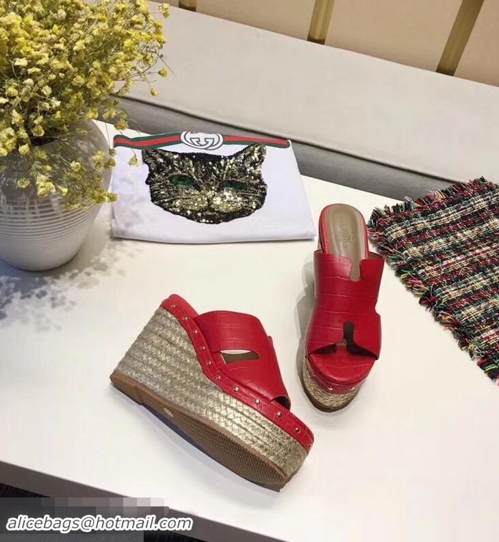 Low Price Hermes Croco Pattern Platform 4cm Wedge Heel 11cm Studded Espadrille Sandals H93226 Red