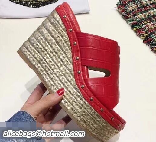 Low Price Hermes Croco Pattern Platform 4cm Wedge Heel 11cm Studded Espadrille Sandals H93226 Red