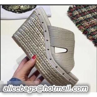 Custom Hermes Croco Pattern Platform 4cm Wedge Heel 11cm Studded Espadrille Sandals H93226 Beige