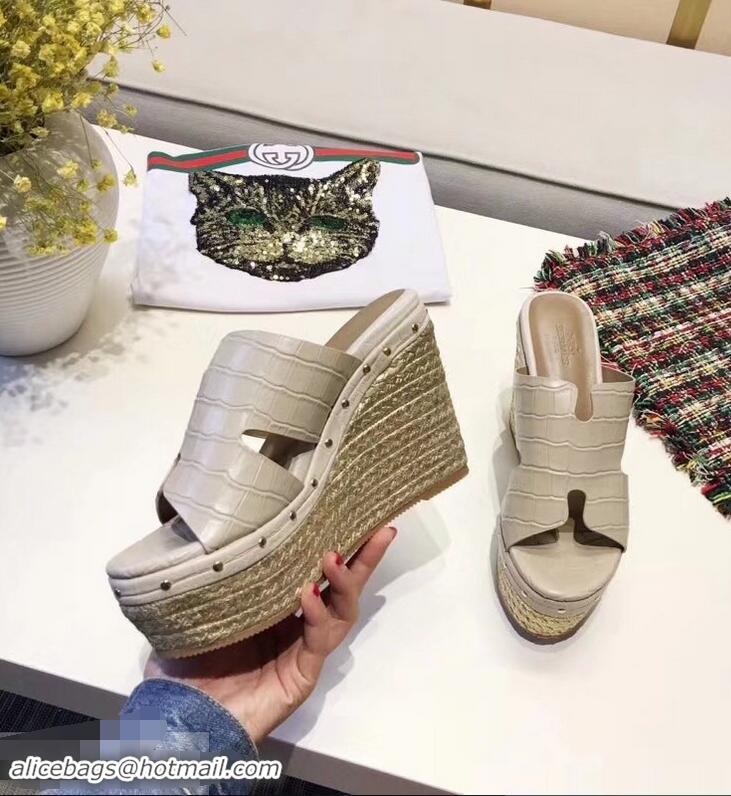 Custom Hermes Croco Pattern Platform 4cm Wedge Heel 11cm Studded Espadrille Sandals H93226 Beige