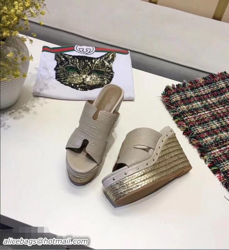 Custom Hermes Croco Pattern Platform 4cm Wedge Heel 11cm Studded Espadrille Sandals H93226 Beige