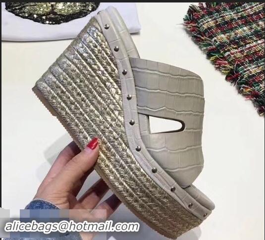 Custom Hermes Croco Pattern Platform 4cm Wedge Heel 11cm Studded Espadrille Sandals H93226 Beige