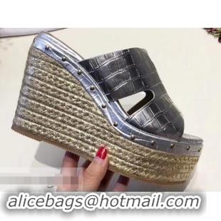 Imitation Hermes Croco Pattern Platform 4cm Wedge Heel 11cm Studded Espadrille Sandals H93226 Silver