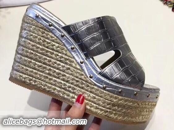 Imitation Hermes Croco Pattern Platform 4cm Wedge Heel 11cm Studded Espadrille Sandals H93226 Silver