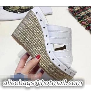 Faux Hermes Croco Pattern Platform 4cm Wedge Heel 11cm Studded Espadrille Sandals H93226 White