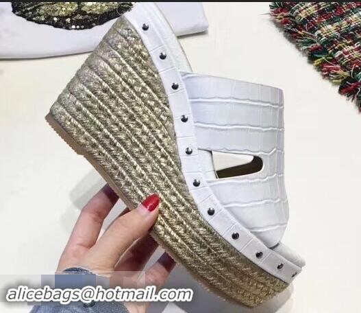 Faux Hermes Croco Pattern Platform 4cm Wedge Heel 11cm Studded Espadrille Sandals H93226 White