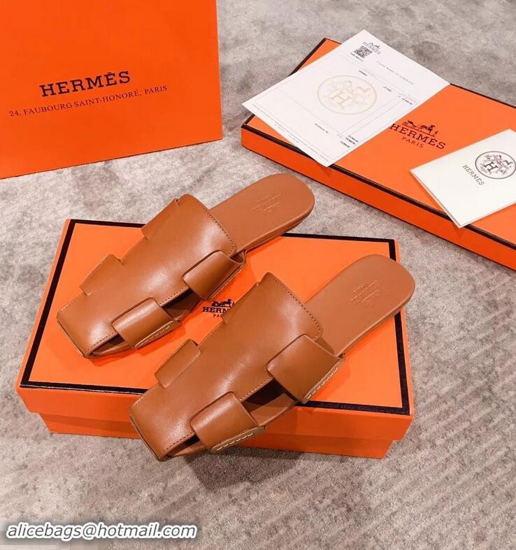 Low Cost Hermes Calfskin Ruse Mules H93701 Brown 2019