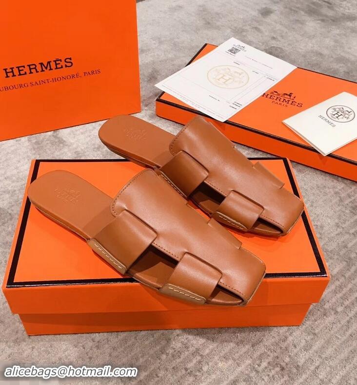 Low Cost Hermes Calfskin Ruse Mules H93701 Brown 2019