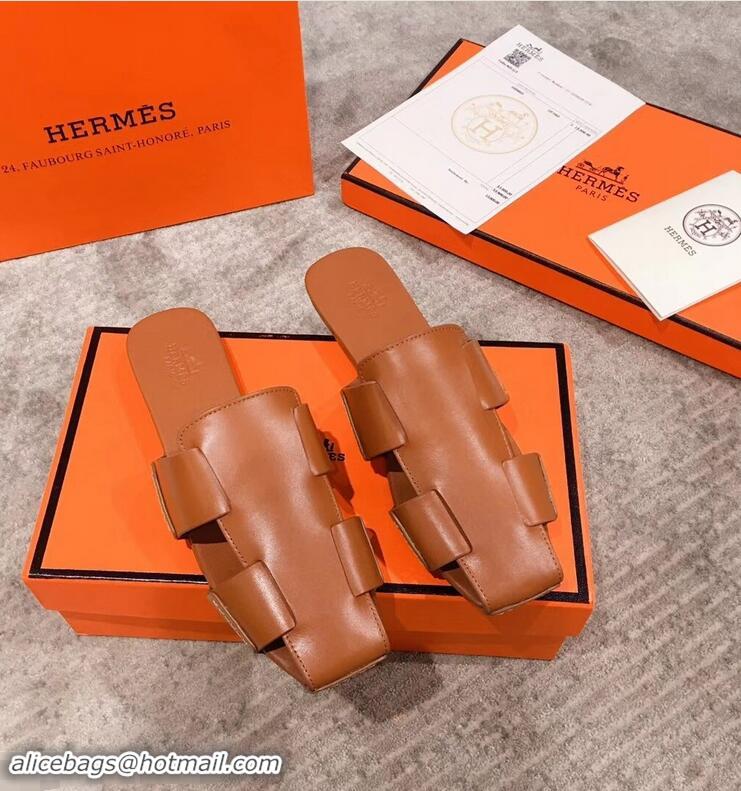 Low Cost Hermes Calfskin Ruse Mules H93701 Brown 2019