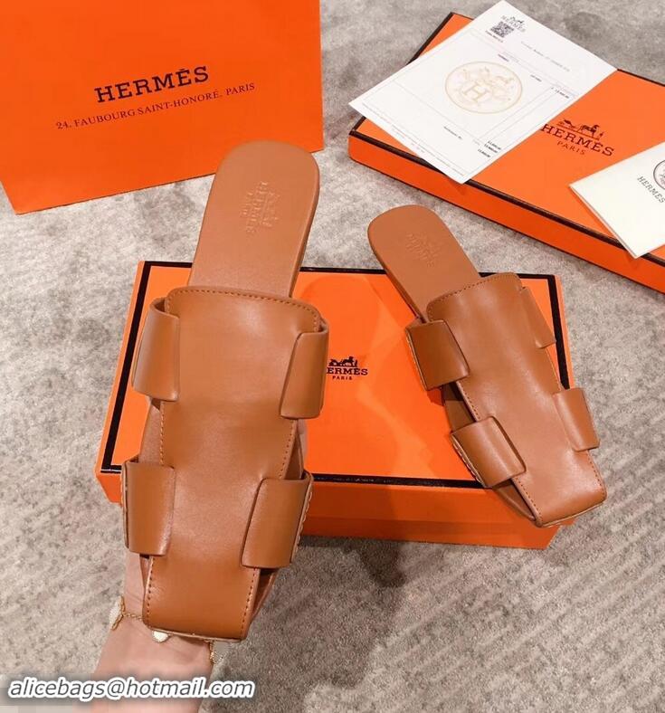 Low Cost Hermes Calfskin Ruse Mules H93701 Brown 2019