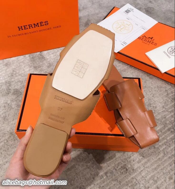 Low Cost Hermes Calfskin Ruse Mules H93701 Brown 2019