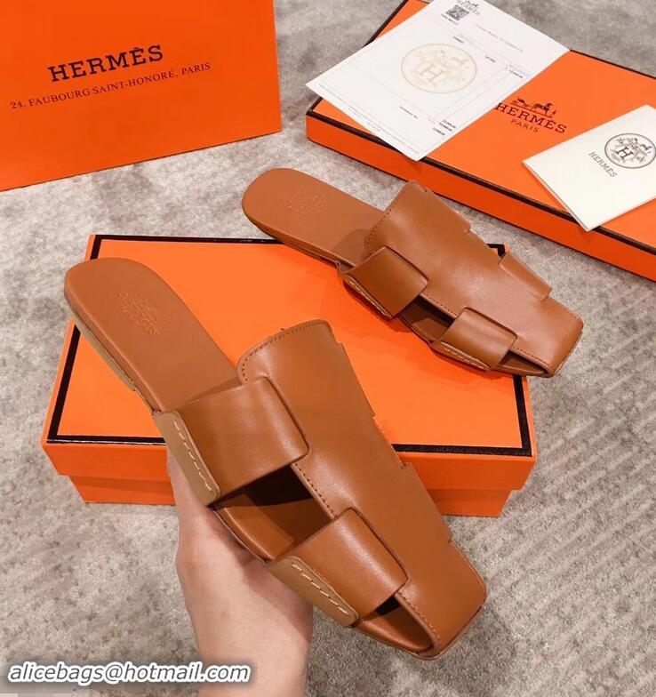 Low Cost Hermes Calfskin Ruse Mules H93701 Brown 2019