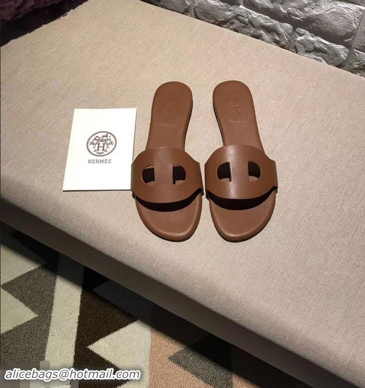 Good Looking Hermes Lisboa Slipper Sandals H94201 Brown 2019