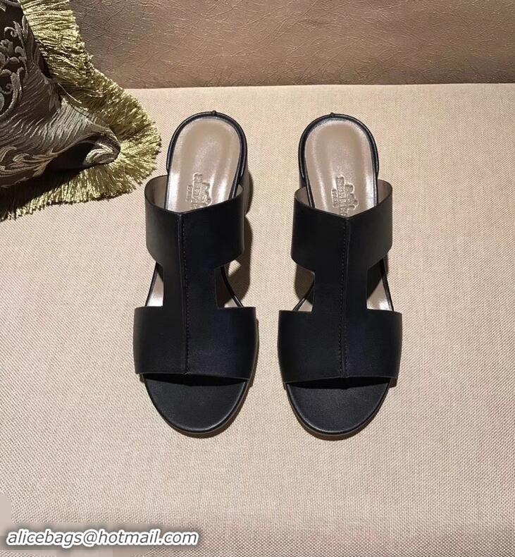 Famous Brand Hermes Heel 5cm Ostia Sandals H94207 Black 2019