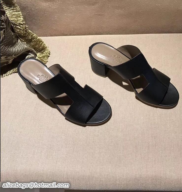 Famous Brand Hermes Heel 5cm Ostia Sandals H94207 Black 2019