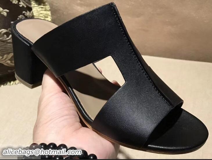 Famous Brand Hermes Heel 5cm Ostia Sandals H94207 Black 2019